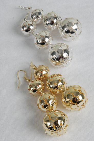 Earrings Metal Filigree Ball Gold Silver Mix / 12 pair = Dozen 14 mm 12 mm 10 mm Graduated , 6 Gold & 6 Silver Mix , Earring Card & OPP bag & UPC Code-