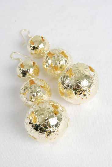 Earrings Filigree Ball Gold / 12 pair = Dozen Fish Hook , Size- 2.5" Long , 16 mm 14 mm 12 mm Graduated , Earring Card & OPP Bag & UPC Code