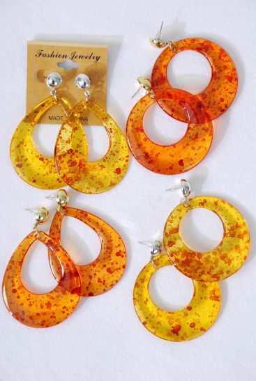 Earrings Acrylic Teardrop Round Shape Mix Tortoise Amber Colour Mix / 12 pair = Dozen  Post , Size - Teardrop - 2.25" x 1.75" Wide , Round - 2" Wide , 3 Of Each Pattern Asst , Earring Card Opp Bag & UPC Code