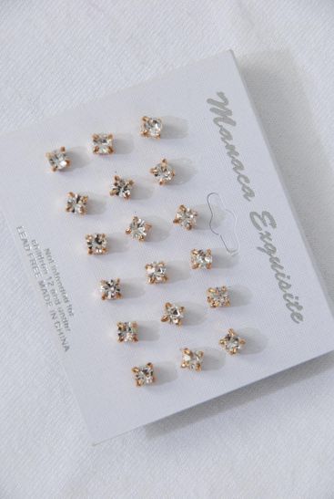 Earrings 9 Pair Clear Rhinestone Studs Gold / 12 Pair = Dozen Gold , Earring Card & Opp Bag & UPC Code , 9 pair per Card , 12 Card = Dozen