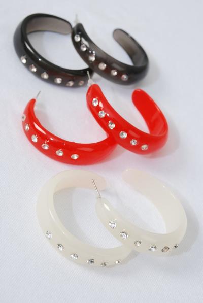 Earrings Acrylic Hoop Clear Rhinestones Red White Black Mix / 12 pair = Dozen  Post , Size - 1.75" Wide , 4 Red , 4 Ivory , 4 Black Mix , Earring Card & OPP bag & UPC Code