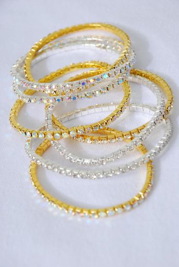 Bracelet Single Tennis Gold Clear Rhinestone / 12 pcs = Dozen Gold Clear , Stretch , Hang Tag & OPP Bag & UPC Code