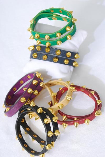 Bracelet Leather Wrap Around Gold Spikes / PC Size - 16" Long , Choose Colors , W OPP Bag