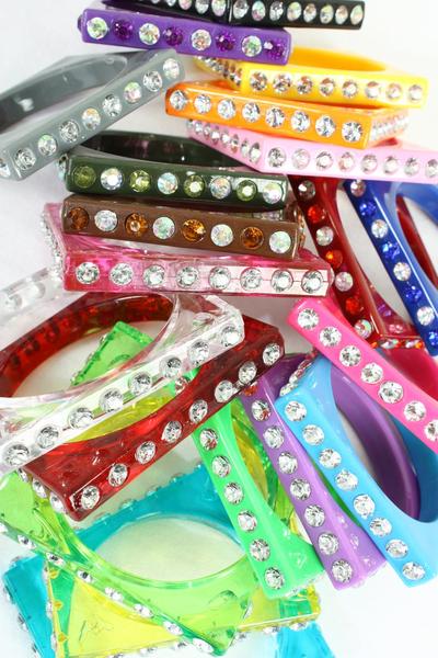 Bracelet Bangle Acrylic Square Clear Stones All Rround / 12 pcs = Dozen Size - 0.5 " x 2.75" Dia Wide , Choose Colours , Hang tag & OPP Bag & UPC Code