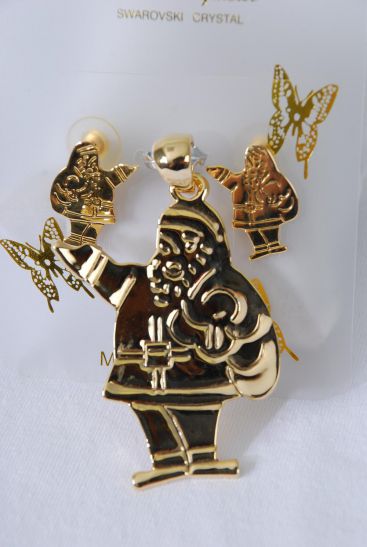 Christmas Pendant Earrings Sets Santa Post Gold / Sets  Gold , Post , Pendant Size - 2.5" x 1.5" Wide , Earrings - 1" x 0.5" Wide , Display Card & OPP bag 