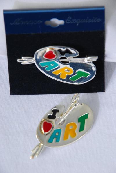 Brooch Enamel I Love Art / 12 pcs = Dozen Size - 2" x 1" Wide , Velvet Card & OPP bag  , Choose Gold Or Silver Finishes