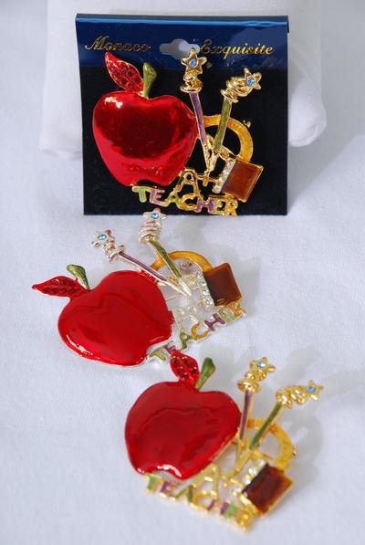 Brooch Enamel Teacher Apple / 12 pcs = Dozen  Size - 2" x 1.75" Wide , Velvet Display Card & Opp Bag , Choose Gold or Silver Finishes