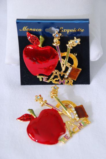 Brooch Enamel Teacher Apple Gold / 12 pcs = Dozen Gold , Size - 2" x 1.75" Wide , Velvet Display Card & Opp Bag 