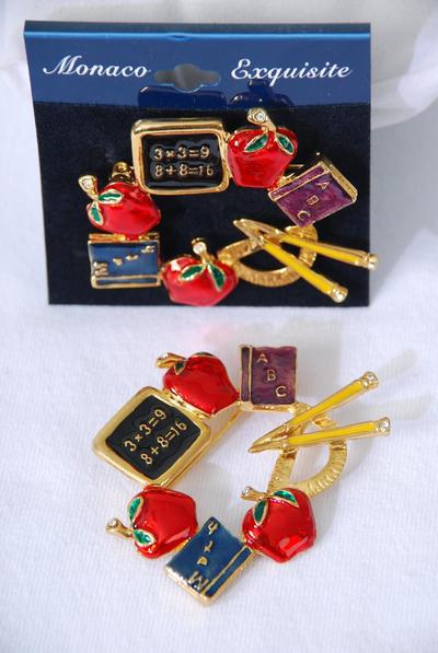 Brooch Enamel Apple Stationary / 12 pcs = Dozen Size - 2" x 1.75" Wide , Velvet Display Card & Opp Bag 