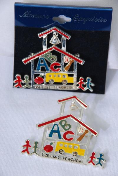 Brooch Enamel School Bus ABC School House / 12 pcs = Dozen Size - 2" x 1.75" Wide , Velvet Card & Opp Bag , Choose Gold or Silver or Asst