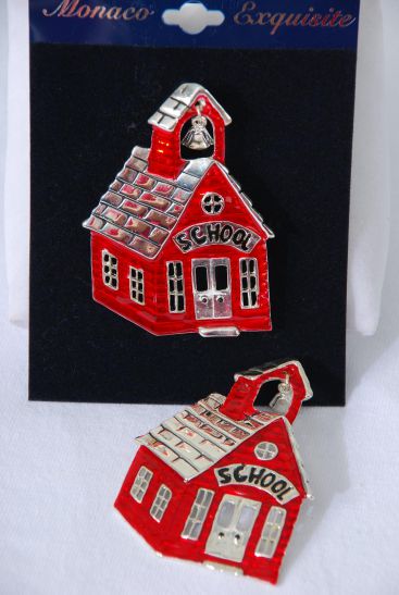 Brooch Enamel School House Silver / 12 pcs = Dozen Silver , Size - 2.5" x 1.75" Wide , Velvet Display Card & Opp Bag & UPC code