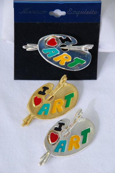 Brooch Enamel I Love Art / 12 pcs = Dozen Size - 2" x 1" Wide , Velvet Card & OPP bag  , Choose Gold Or Silver Finishes