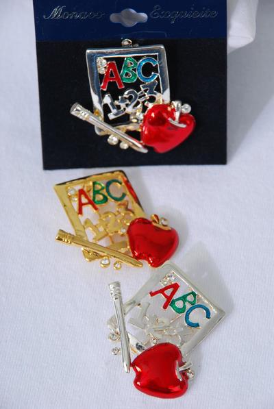 Brooch Enamel Apple Rhinestones ABC 123 Note  Pad / 12 pcs = Dozen Size - 1.5" x 1.25" Wide , Velvet Card & Opp Bag  , Choose Gold or Silver or Asst Colors