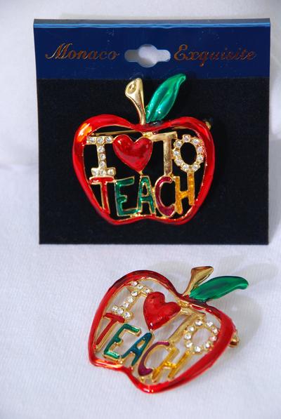 Brooch Enamel Apple I Love To Teach / 12 pcs = Dozen Size - 1.5" x 1.5" Wide , V elvet Display Card & OPP Bag 