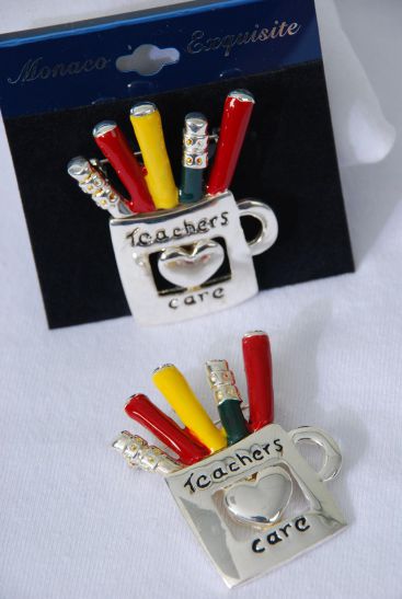 Brooch Enamel Teachers Cares Mug Silver / 12 pcs = Dozen Silver , Size - 2" x 1.5" Wide , Velvet Display Card & Opp Bag