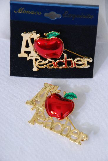 Brooch Enamel A+ Apple Teacher Gold / pcs  Size - 2" x 1" Wide , Velvet Card & OPP bag & UPC Code