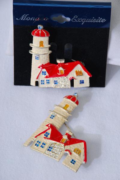 Brooch Enamel Lighthouse W Rhinestones / 12 Pcs = Dozen Size -2 " x 1.75" Wide , Velvet Display Card & Opp Bag & UPC Code