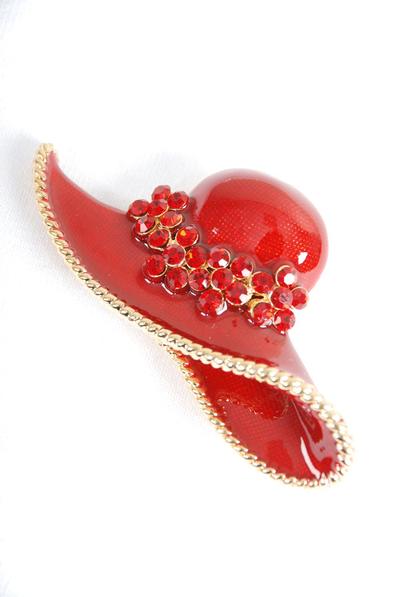 Brooch Large Red Hat Enamel Rhinestones / PC size - 3" x 1.50" Wide , Display Card & OPP Bag