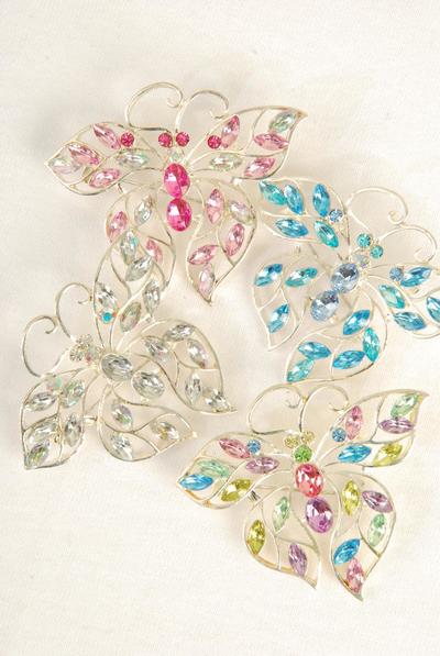 Brooch Butterfly Color Stones / 12 pcs = Dozen Size - 2.25" x 2" Wide , OPP Bag , Choose Colors