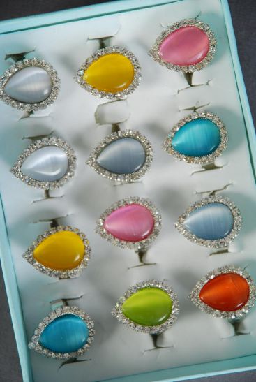 Rings Cat-eye Teardrop Clear Rhinestone All Around / 12 pcs = Dozen  Adjustable , Cat-eye Size - 1" x 1" Wide , 2 of each Color Asst , Velvet Ring Display Window Box , W OPP Bag & UPC Code