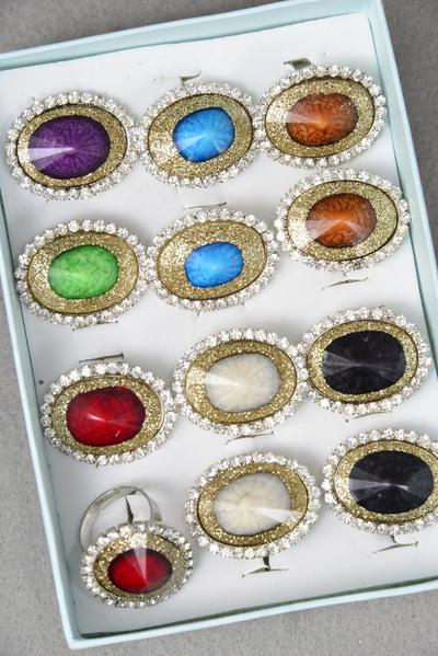 Rings Acrylic Oval Marble Clear Rhinestones Multi / 12 pcs = Dozen Adjustable , Face Size - 1.25" x 1" Wide , 2 Black , 2 Red , 2 Turquoise , 2 Purple , 2 White , 1 Green ,1 Brown Color Asst.