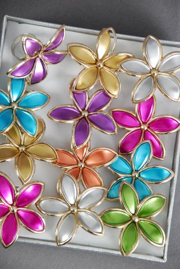 Rings Aloha Poly Flower Metallic Gold Trim Aloha / 12 pcs = Dozen Adjustable , Flower Size - 2" Wide , 2 Fuchsia , 2 Blue , 2 Gold , 2 Silver , 2 Purple , 1 Lime , 1 Orange Color Asst