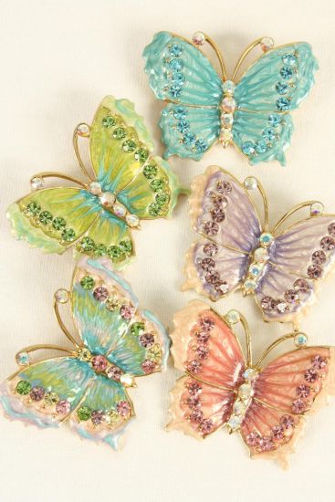 Brooch Butterfly Enamel Rhinestones / 12 pcs = Dozen  Size - 2" x 1.5" Wide , Gift Box w OPP Bag , Choose Colors