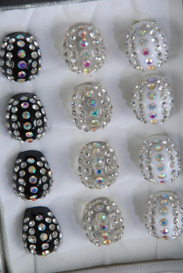 Rings Acrylic Dome Rhinestones / 12 pcs = Dozen 4 Black , 4 White , 4 Clear Mix , Size pr 7 8 9 Mix ,Velvet Ring Display Box & OPP Bag &  UPC Code 