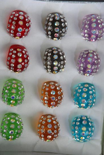 Rings Acrylic Dome Rhinestones Transparent / 12 pcs = Dozen Transparents - Size - 7  8  9 Mix , 2 of each Color Asst , 1 DZ Velvet Ring Display Box OPP Bag UPC Code