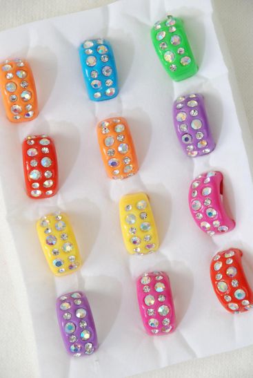 Rings Acrylic Oblong Clear Rhinestones Citrus / 12 pcs = Dozen Multi , Citrus , Size - 7  8  9 Mix , 2 Fuchsia , 2 Purple , 2 Yellow , 2 Orange , 1 Lime , 1 Blue , 2 Red Color Asst