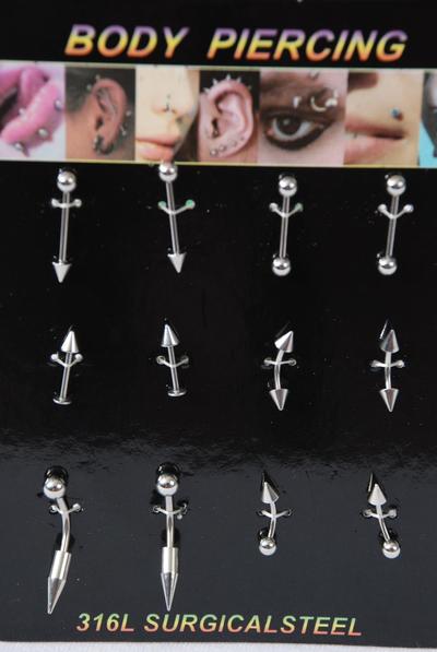 Body Piercing Asst Styles 316L Surgical Steel / 12 pcs = Dozen  Surgical Stee , Pr Mix Pattern , Individual Opp Bag & UPC Code