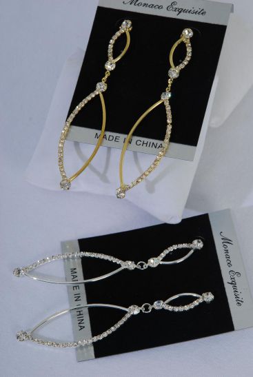 Earrings Drop Rhinestone Post / PC  Post , Size - 3.25" x 0.75" Wide , Black Velvet Earring Card & OPP Bag & UPC Code , Choose Gold Or Silver Finish , W Velvet Earring Card