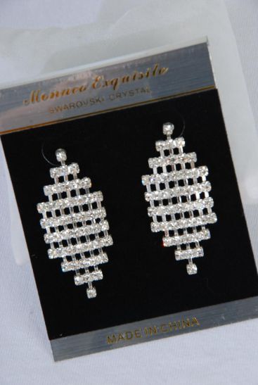 Earrings Boutique Silver Rhinestone/PC **Silver** Post,Size-2"X 1" Wide,Velvet earring Card & OPP Bag & UPC Code -