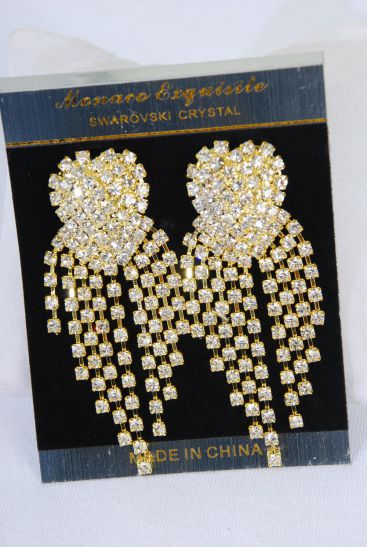 Earrings Boutique Heart Cluster Rhinestone Drops Gold / PC Post , Size - 3" x 1.25" Wide , Velvet Earring card & OPP bag & UPC Code