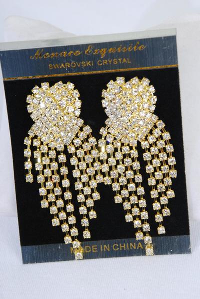 Earrings Rhinestone Cluster Heart  Drop Post / PC Post , Size - 2.75" x 1.25"Wide ,  w Black Velvet Earring Card & OPP Bag & UPC Code , Choose Gold Or Silver Finish