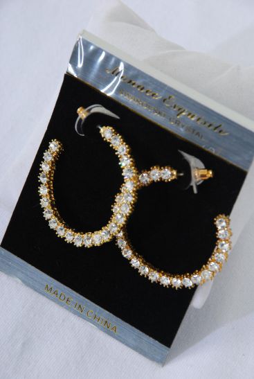 Earrings Hoop Pastel Rhinestones / PC  Post , Size - 1.25" Wide , Black Velvet Earring Card & OPP Bag & UPC Code