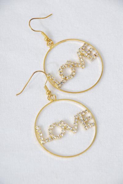 Earrings Gold Circle Rhinestone Love / PC Fish Hook ,  Size - 1.25" Wide , Velvet Earring Card & Opp Bag & UPC Code