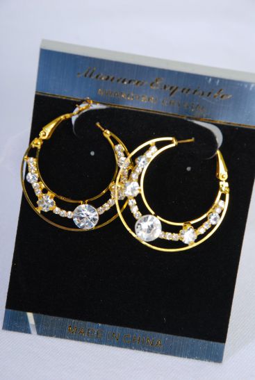 Earrings Hoop Gold Clear Rhinestone / PC Gold , Size - 1. 25" Wide , Black Velvet Earring Card & OPP bag & UPC Code 