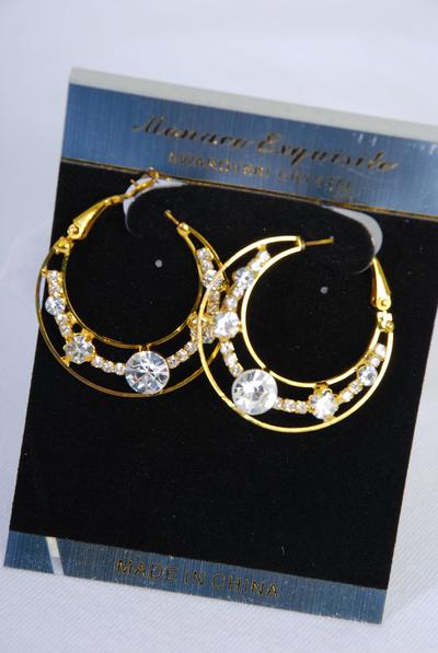 Earrings Hoop Clear Rhinestone / PC Post , Size - 1.25" Wide , Black Velvet Earring Card & OPP Bag & UPC Code , Choose Gold or Silver Finish