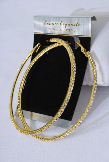 Earrings Boutique Hoop 3" Wide Rhinestones/PC **Gold** Size-3" Wide,Post,Black Velvet Earring Card & OPP Bag & UPC Code