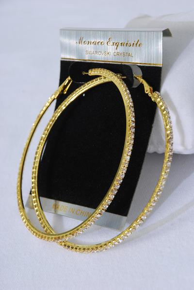 Earrings Hoop Rhinestones Post / PC  Post - Size - 3" Wide , Earring Card & OPP Bag & UPC Code , Choose Gold or Silver Finish