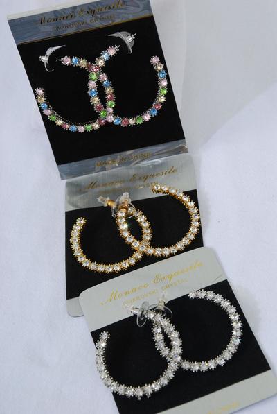 Earrings Hoop Rhinestones / PC  Post , Size -1.25" Wide , Black Velvet Earring Card & OPP Bag & UPC Code , Choose Colors