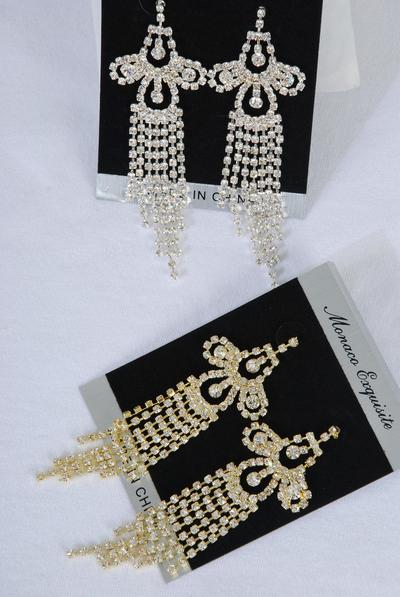 Earrings Boutique Rhinestones /PC Post ,Size-3.5"x 1.25" Wide ,Choose Gold Or Silver Finish ,Black Velvet Earring Card & OPP Bag & UPC Code