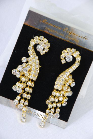 Earrings Rhinestone Cluster Drop Gold Post / PC Gold , Size - 2.5" x 1" Wide , Black Velvet Earring Card & OPP Bag & UPC Code