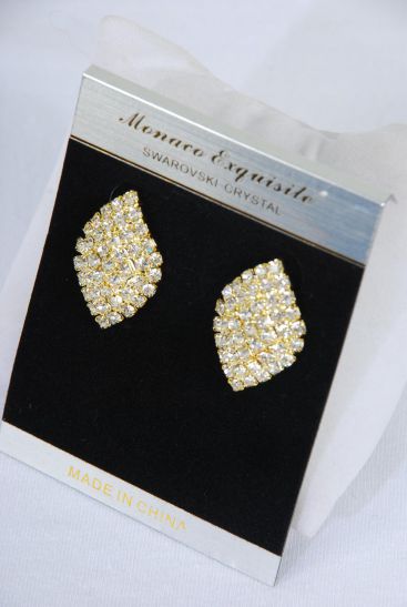 Earrings Diamond Shape Rhinestone Gold Post / PC Gold , Post , Size -1.25 " x 0.75" Wide , Velvet Earring Card & OPP Bag & UPC Code