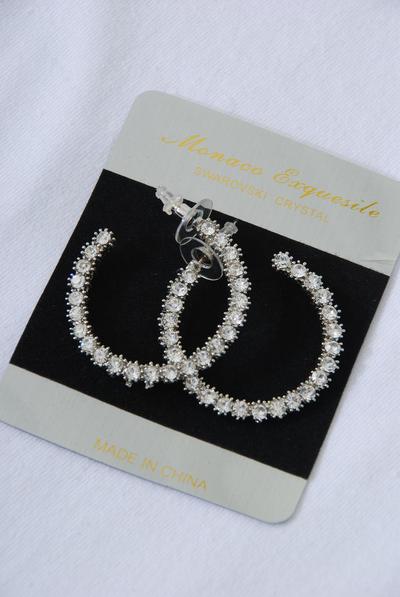 Earrings Hoop Rhinestones / PC  Post , Size -1.25" Wide , Black Velvet Earring Card & OPP Bag & UPC Code , Choose Colors