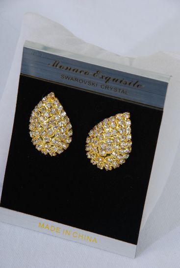 Earrings Boutique Gold Teardrop Rhinestones / PC Gold , Post , Size-1.25"x 1" Wide , Velvet Earring Card & OPP bag & UPC Code