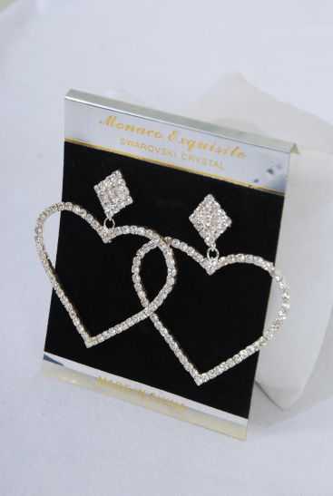 Earrings Silver Clear Rhinestone Hearts / PC Post , Size- 1.5" x 1.25" Wide , Velvet Earring Card & Opp Bag & UPC Code 