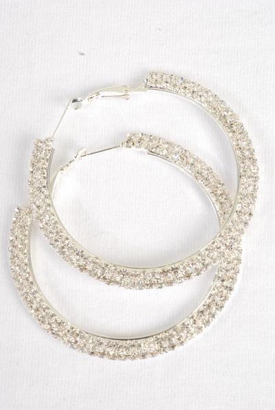 Earrings Hoop Double Row Rhinestone Silver Post / PC Silver , Post , Size - 1.75" Wide , Velvet Earring Card & OPP bag & UPC Code 