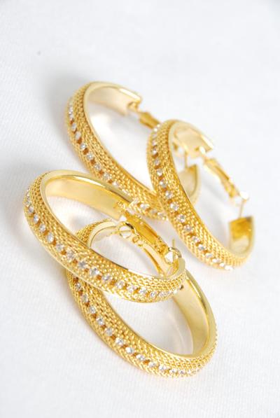 Earring Boutique Mesh Loop Rhinestone Gold / PC  Post , Size - 1.5" Wide , Display Card & OPP Bag & UPC Code 